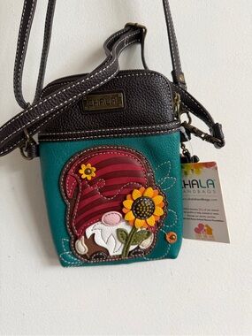 Chala Teal Crossbody with Burgundy Gnome & Sunflower Applique